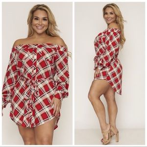 NEW 3X Red Plaid Belted Mini Dress Off Shoulder